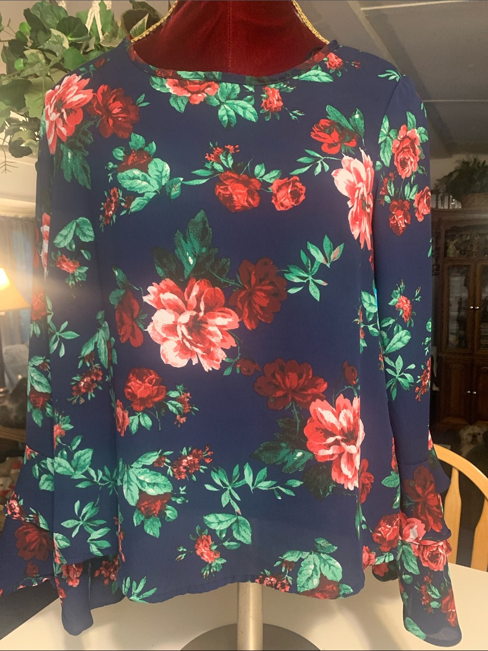 Ambiance Navy Floral Blouse with Red Roses and Green Leaves